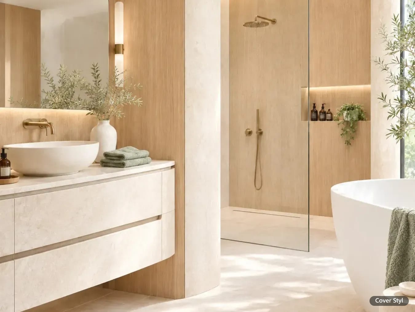 Badezimmer mit Waschtischunterschrank in heller Cover Styl Holzoptik, Badewanne und Dusche