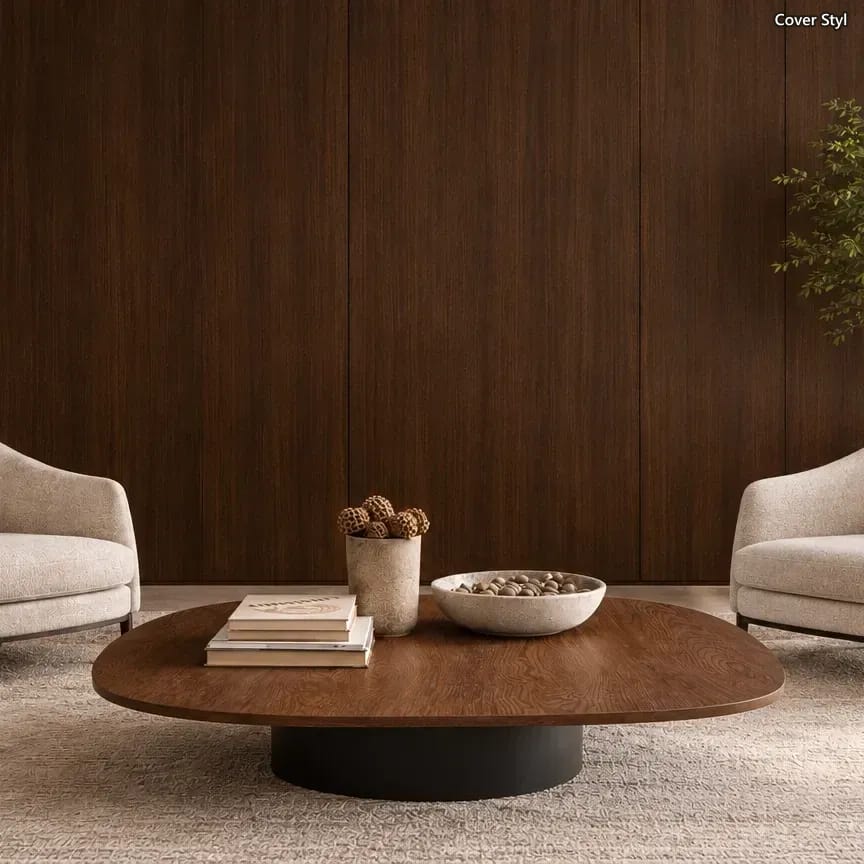 Wohnbereich mit Wandverkleidung in Cover Styl Holzdekor, Sofa und Couchtisch