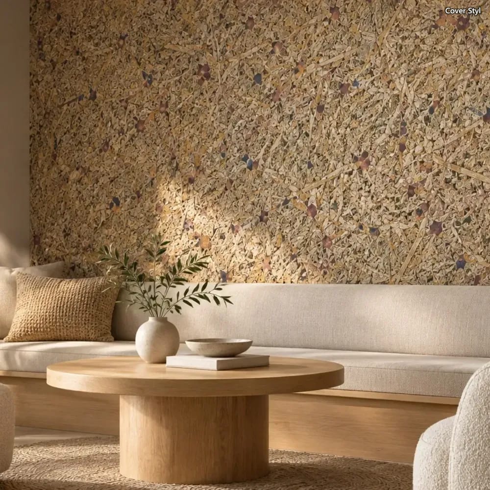Sitzbank vor einer Wand mit Cover Styl Folie in Kork- und Terrazzo-Struktur