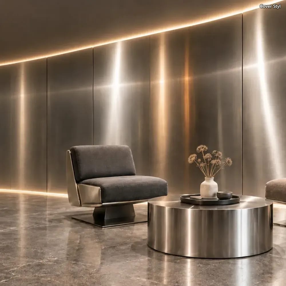 Lounge mit Wandflächen in gebürsteter Cover Styl Metalloptik und Sessel