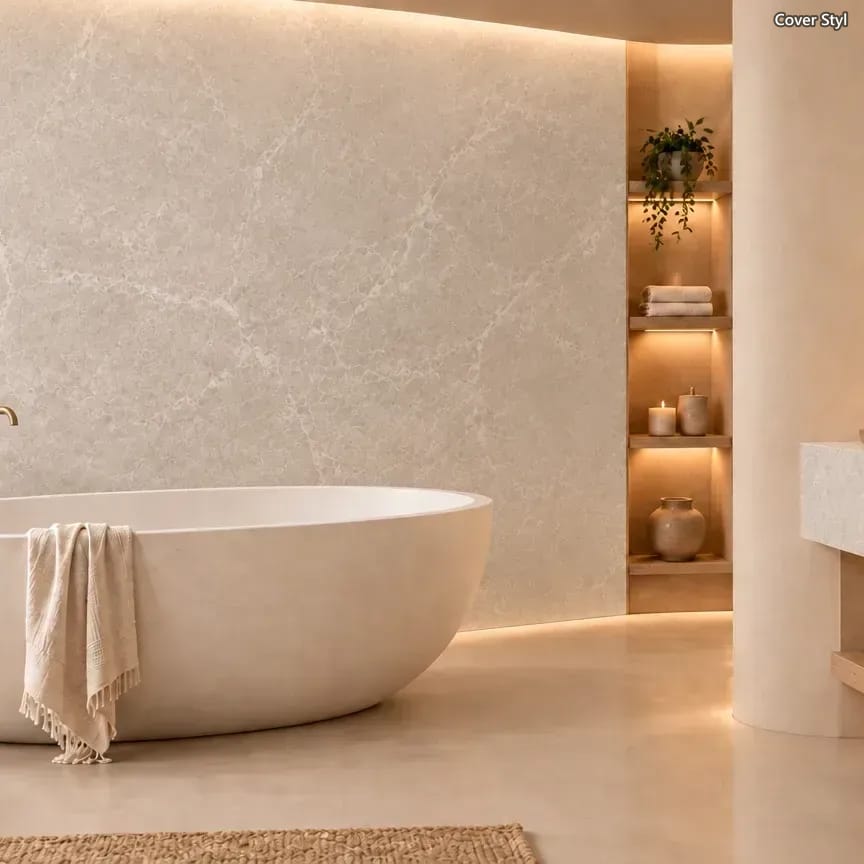 Badezimmer mit freistehender Badewanne vor Wänden in Cover Styl Steinoptik