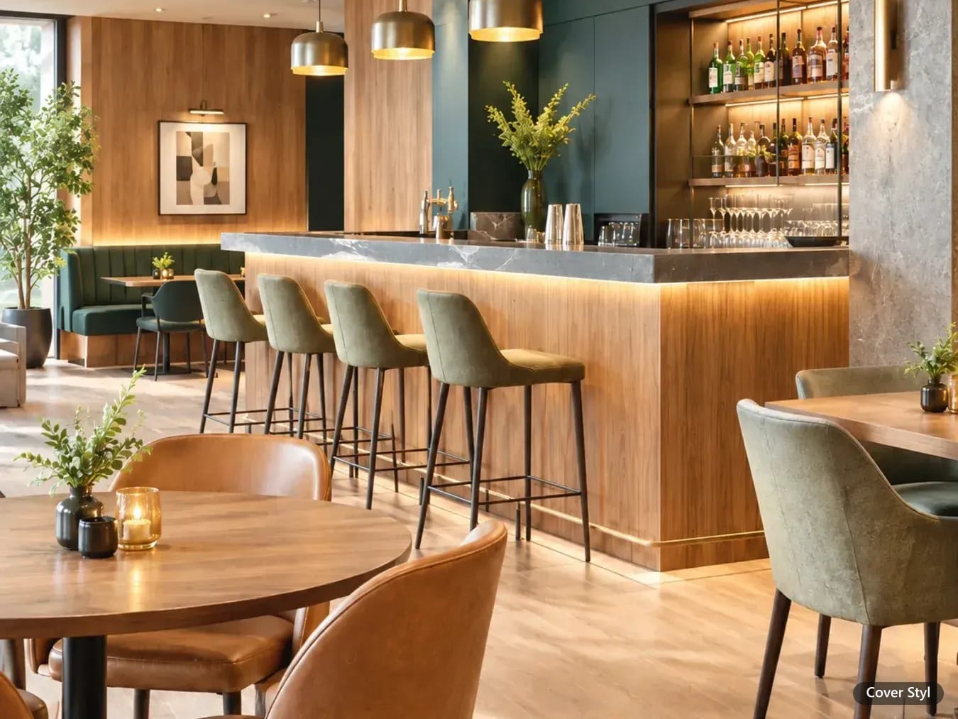 Bar mit Theke in Cover Styl Holzoptik, Barhockern und Tischen (Herstellerbild)