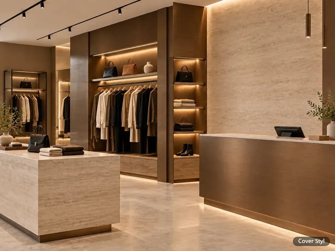 Boutique mit Kleiderstangen, Wandverkleidung in Holzoptik und Kassentresen in gebürsteter Metalloptik (Herstellerbild)