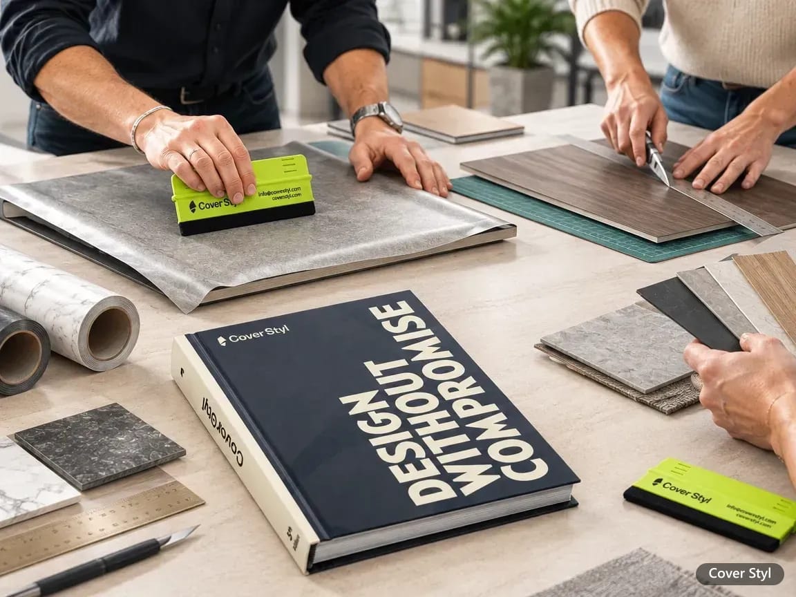 Cover Styl Musterbuch, Folienmuster, Rollen und grüne Rakel auf dem Arbeitstisch