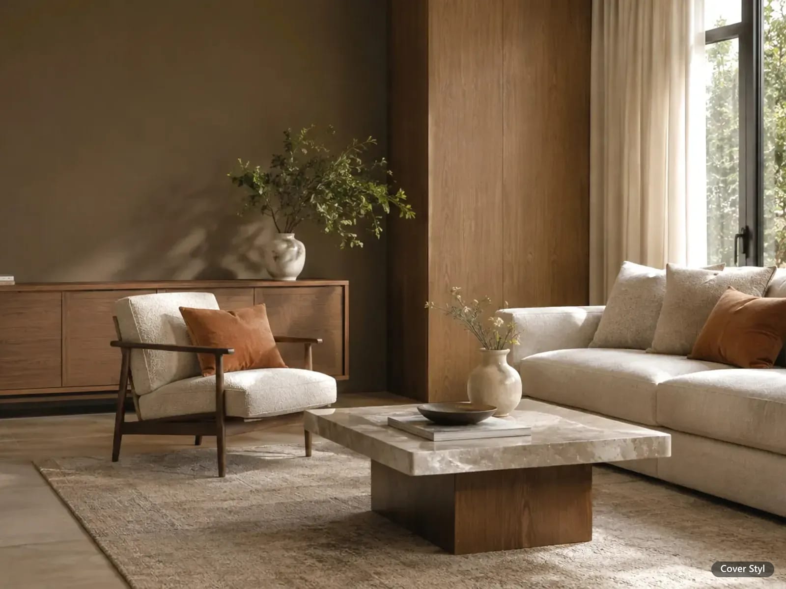 Wohnzimmer mit Wandpaneelen und Sideboard in Cover Styl Holzoptik aus der Signature-Kollektion (Herstellerbild)