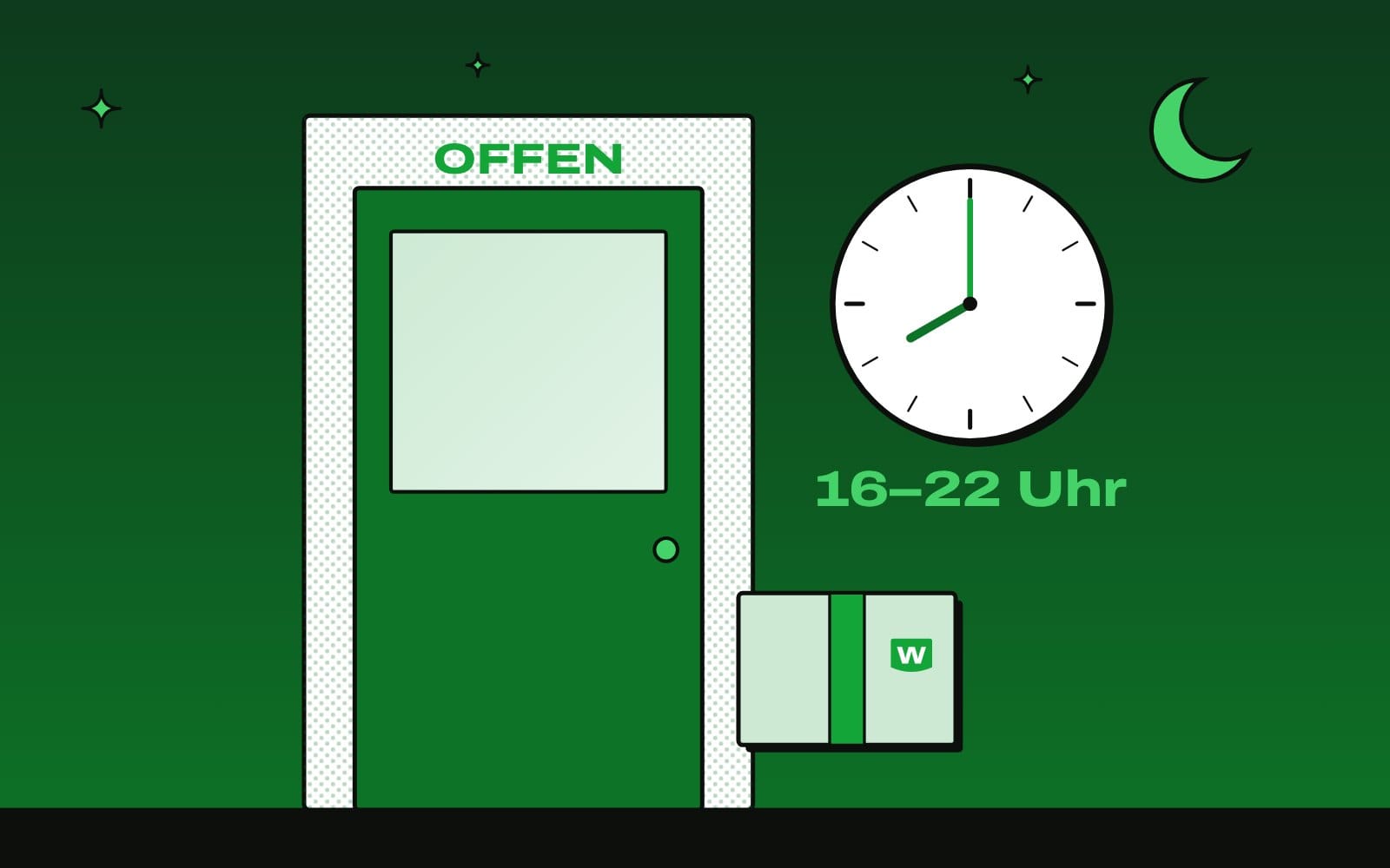 Abendliche Übergabe fertiger Drucksachen an der Werkstatttür