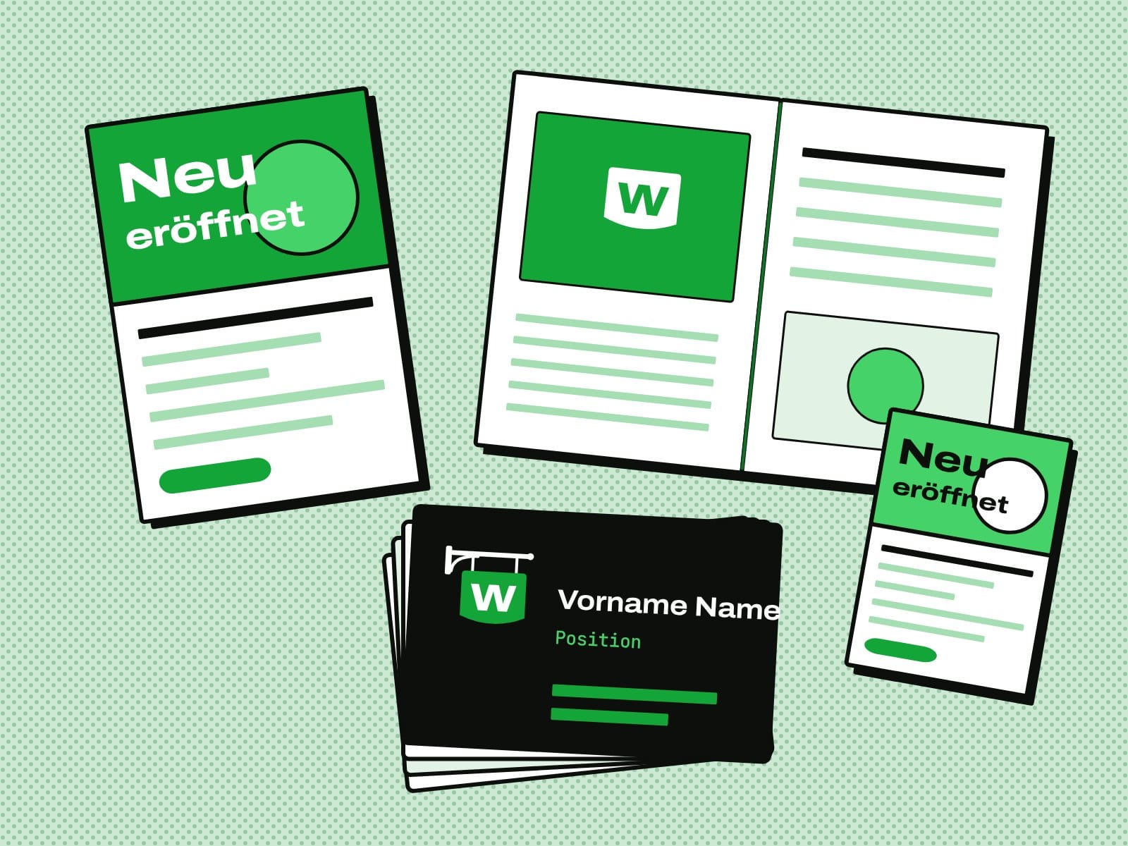 Stapel Visitenkarten, Flyer und Broschüren auf hellem Tisch